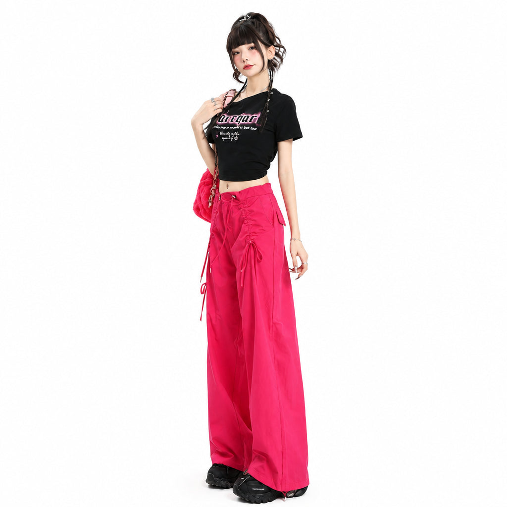 Straight Cargo Pants for Women Bow Drawstring Wide Leg