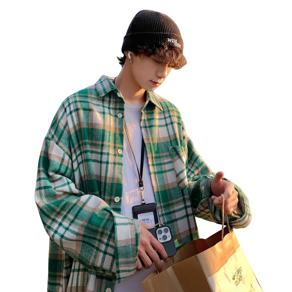 Early Autumn Long Sleeves Woolen Plaid Shirt For Men