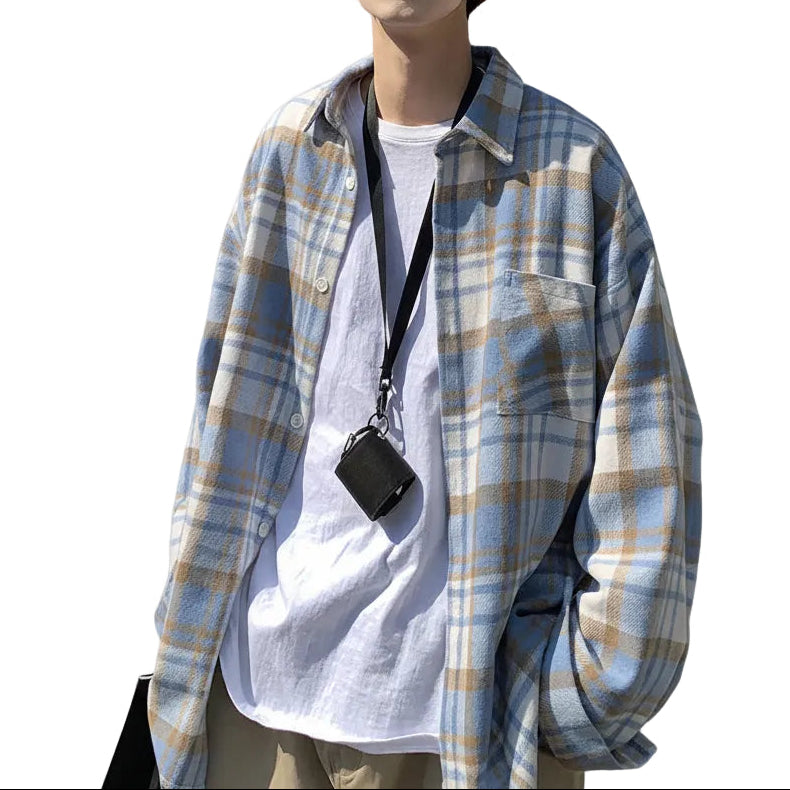 Early Autumn Long Sleeves Woolen Plaid Shirt For Men