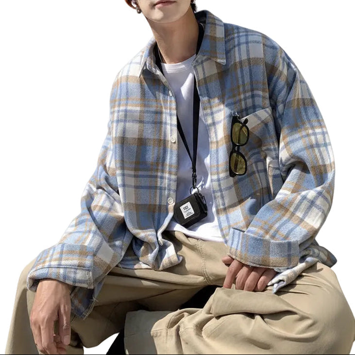 Early Autumn Long Sleeves Woolen Plaid Shirt For Men