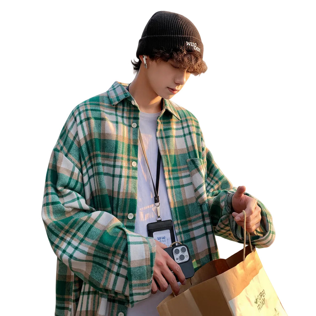 Early Autumn Long Sleeves Woolen Plaid Shirt For Men