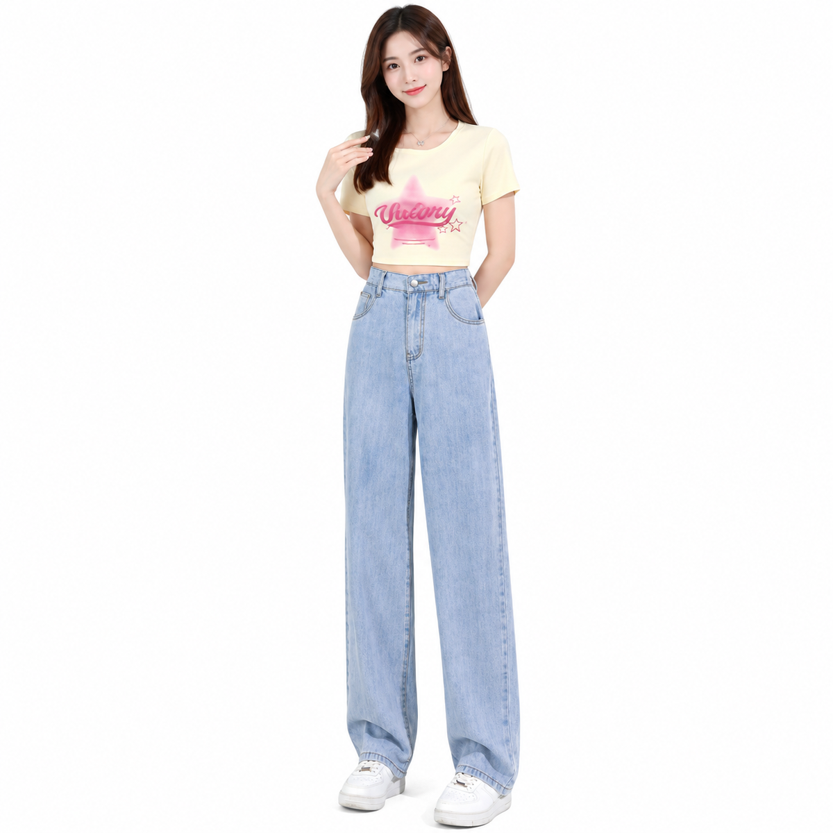 Elastic Waist Lyocell Jeans for Women Wide Leg