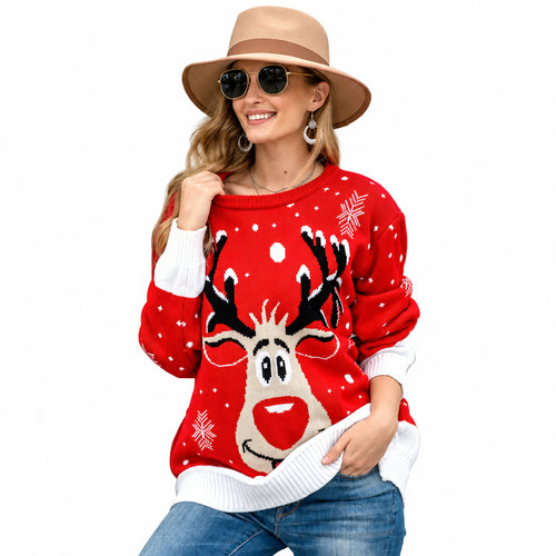 Elk Jacquard Sweater Women Loose Round Neck Pullover