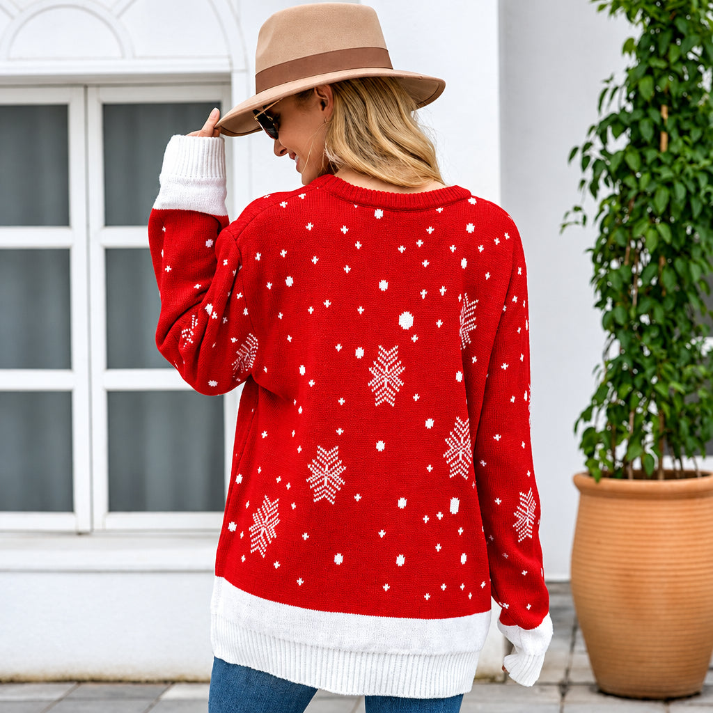 Elk Jacquard Sweater Women Loose Round Neck Pullover