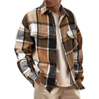 Fall Winter Slim Brushed Plaid Long Sleeve Flannel Shirt Men