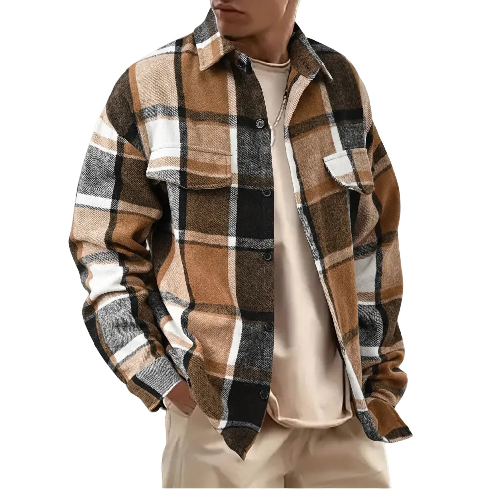 Fall Winter Slim Brushed Plaid Long Sleeve Flannel Shirt Men