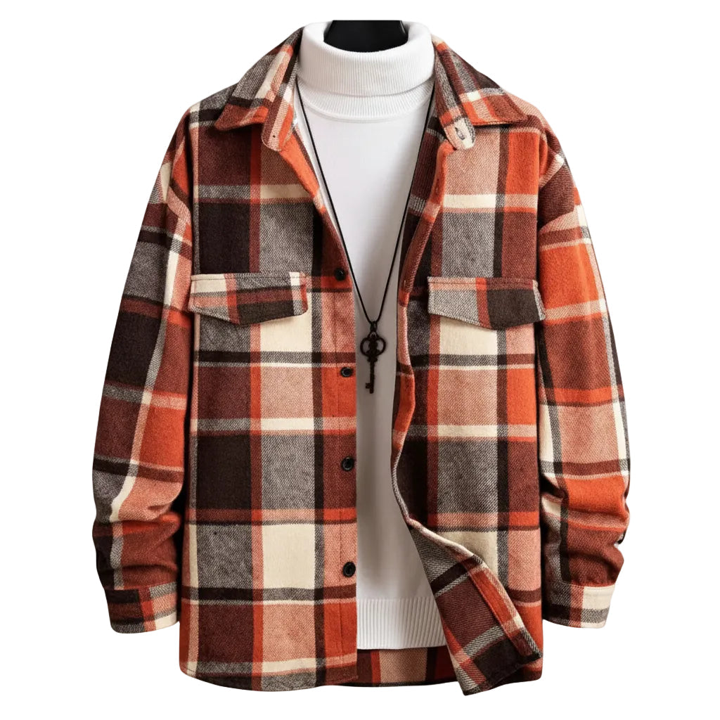 Fall Winter Slim Brushed Plaid Long Sleeve Flannel Shirt Men