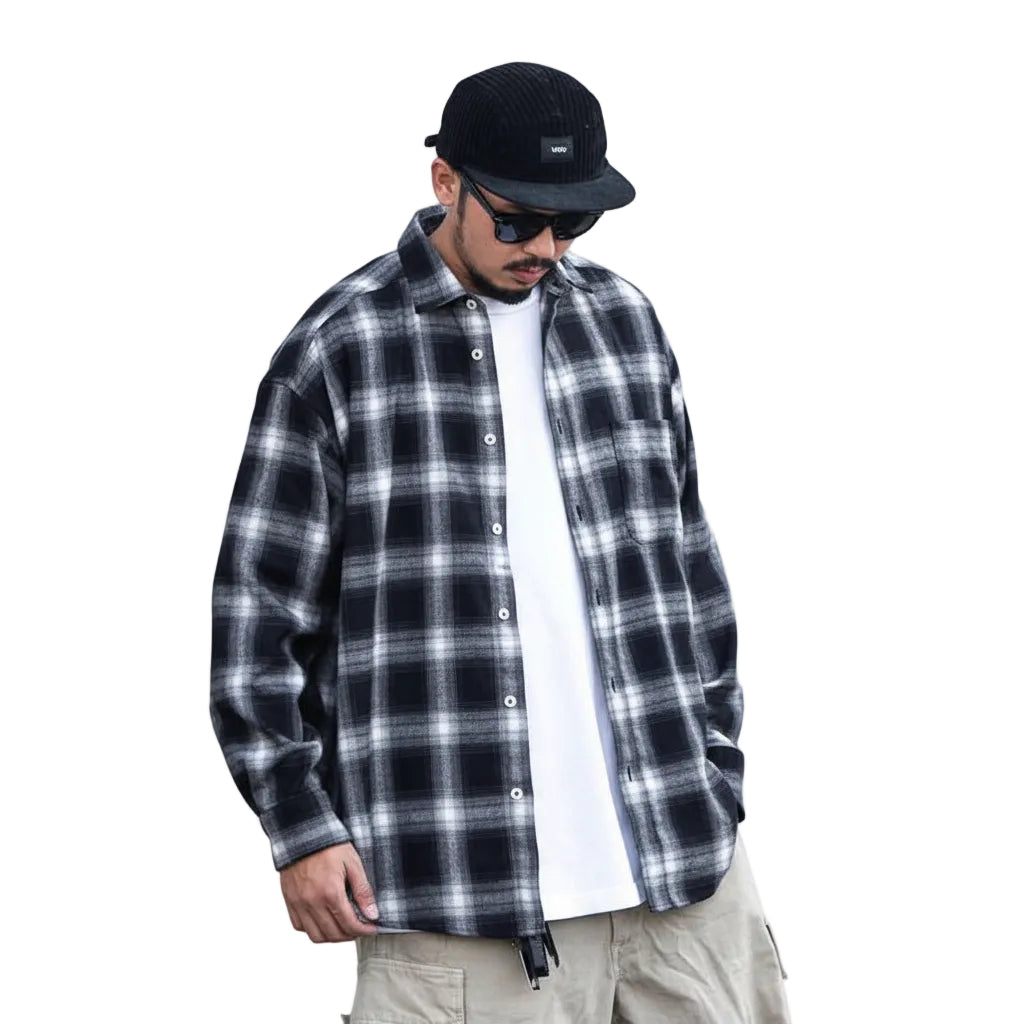 Japanese Style Plaid Long Sleeve Shirt Men Loose-fitting