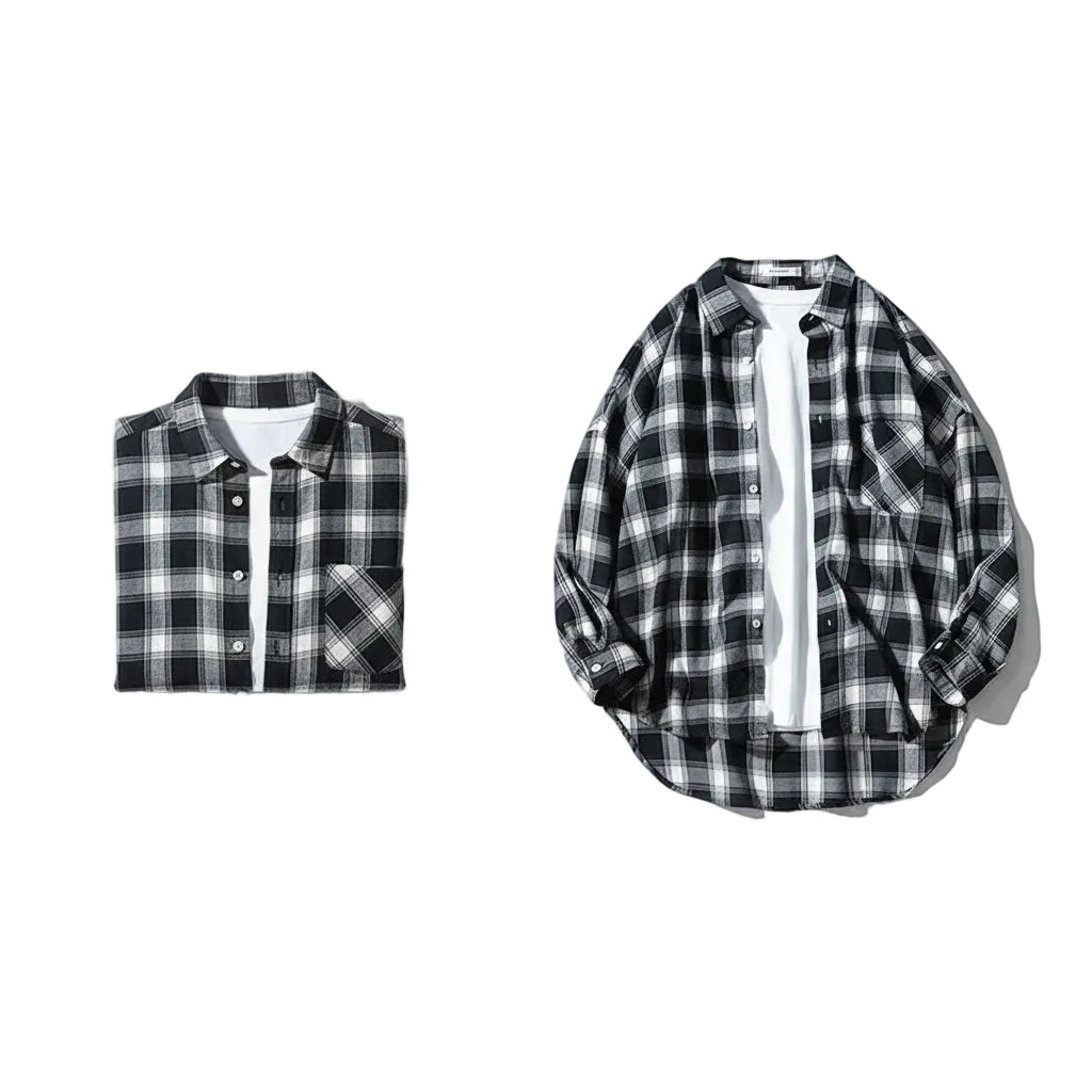 Japanese Style Plaid Long Sleeve Shirt Men Loose-fitting