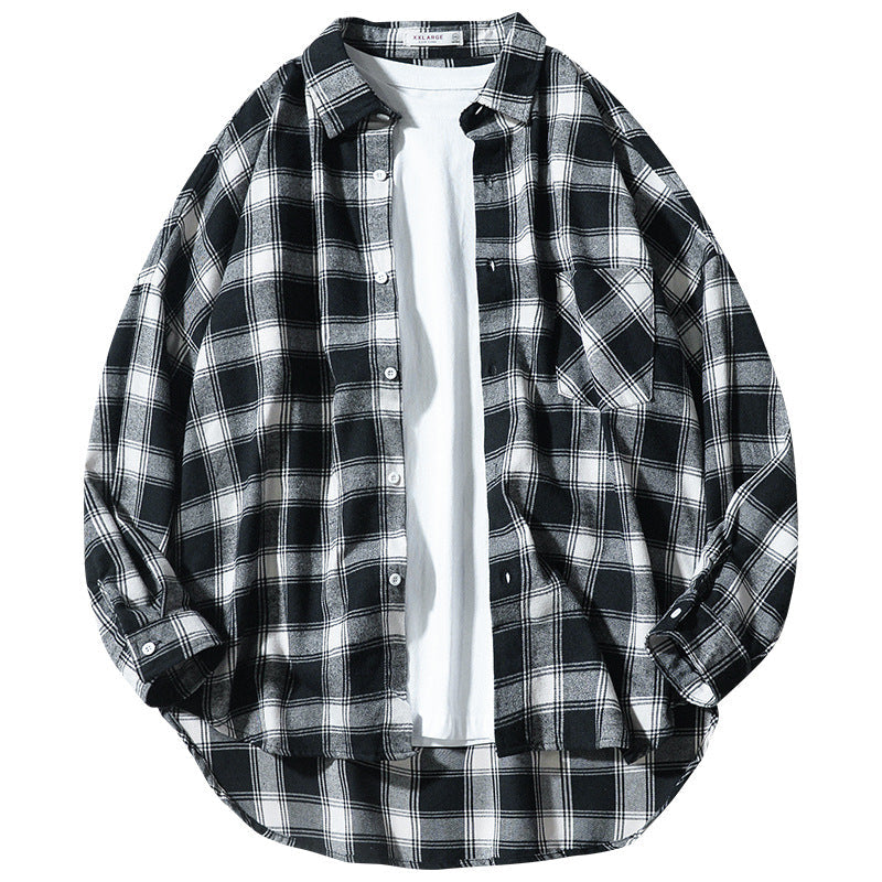 Japanese Style Plaid Long Sleeve Shirt Men Loose-fitting