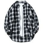 Japanese Style Plaid Long Sleeve Shirt Men Loose-fitting