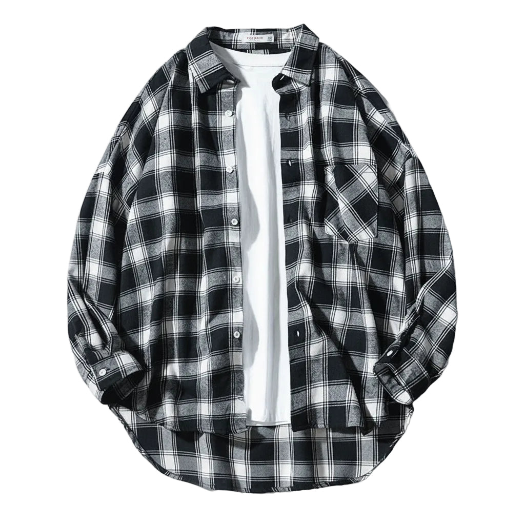 Japanese Style Plaid Long Sleeve Shirt Men Loose-fitting