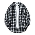 Japanese Style Plaid Long Sleeve Shirt Men Loose-fitting