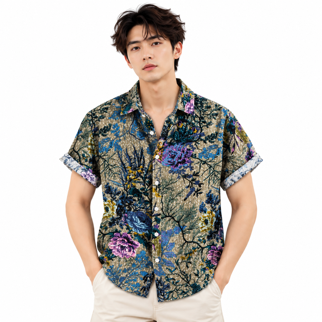 Printing Long Sleeve Shirt Men's Lapel Shirt Cotton Blend