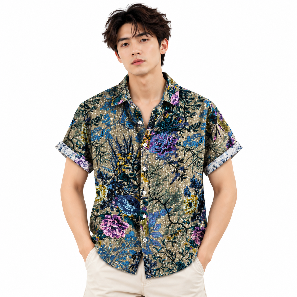 Printing Long Sleeve Shirt Men's Lapel Shirt Cotton Blend