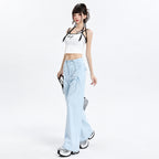 Straight Cargo Pants for Women Bow Drawstring Wide Leg
