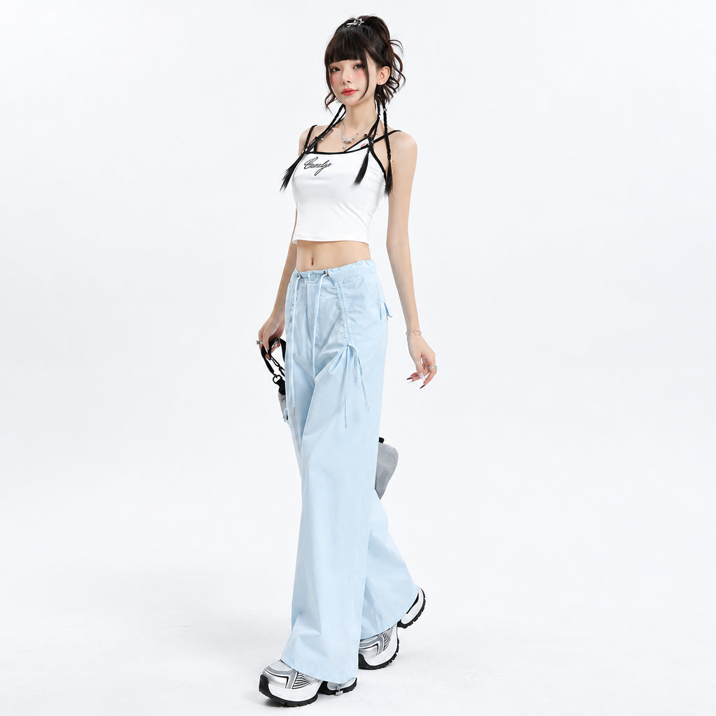 Straight Cargo Pants for Women Bow Drawstring Wide Leg