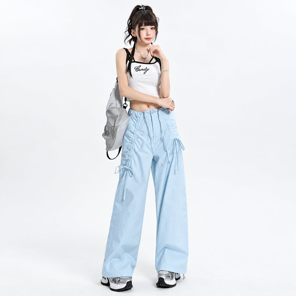 Straight Cargo Pants for Women Bow Drawstring Wide Leg