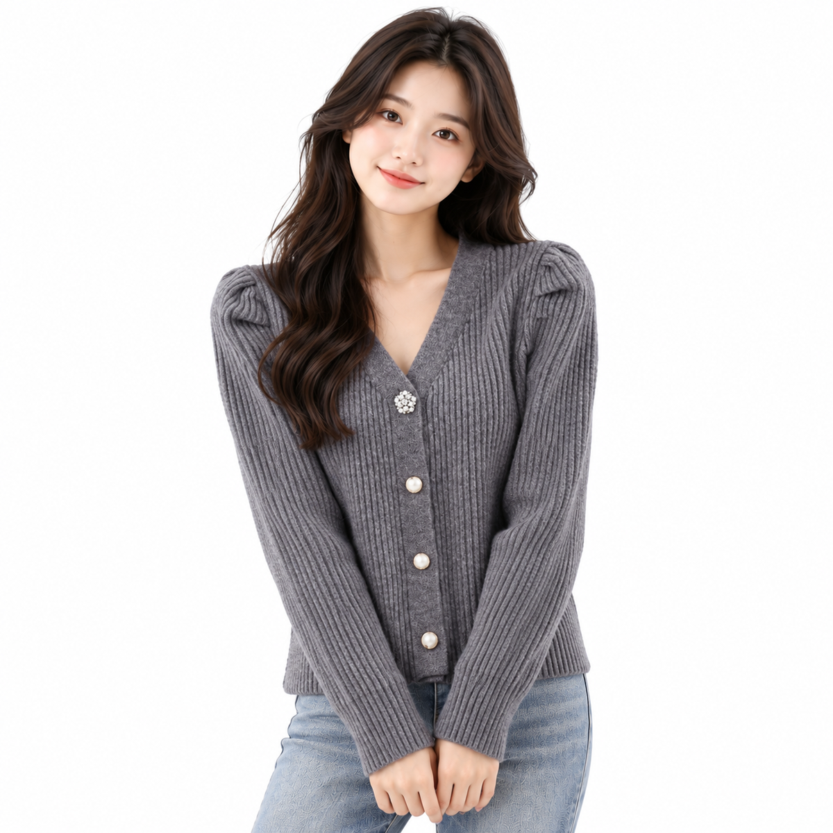 V-Neck Sweater Women Slim Cardigan Knit